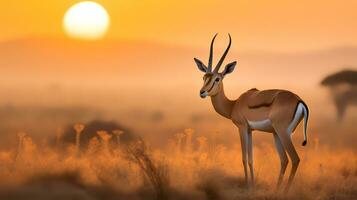 foto van thomsons gazelle Aan savanne Bij zonsondergang. generatief ai