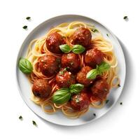 voedsel fotografie van spaghetti met gehaktballen Aan bord geïsoleerd Aan wit achtergrond. generatief ai foto