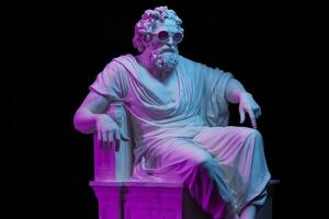 een wit standbeeld van Plato in een koel houding, vervelend magenta en cyaan 3d bril, klaar naar feest. ai generatief foto