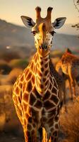 dichtbij omhoog foto van giraffe Aan savanne Bij zonsondergang. generatief ai