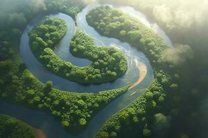 antenne visie van de amazonas oerwoud landschap met rivier- kromming. generatief ai foto