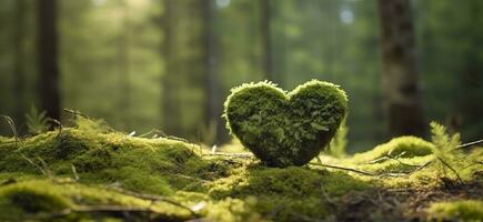 detailopname van houten hart Aan mos. natuurlijk begrafenis graf in de bossen. generatief ai foto