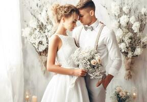 mooi bruid en bruidegom in bruiloft jurk poseren in studio met bloemen foto