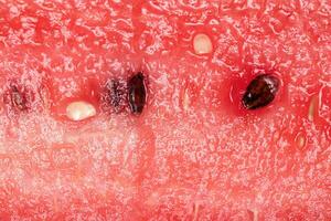 rood structuur van een gesneden watermeloen met zaden foto