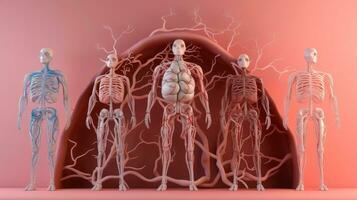 3d illustratie van de menselijk orgaan systemen, menselijk intern organen. anatomie. zenuwachtig, bloedsomloop, spijsvertering, uitscheidingsmechanisme, urinair, en bot systemen. medisch onderwijs concept, generatief ai illustratie foto
