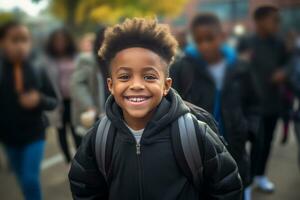 een gelukkig kind in zwart wandelen in school- foto