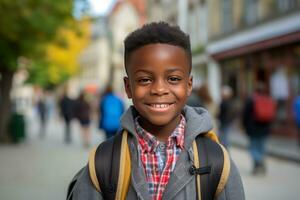 een gelukkig kind in zwart wandelen in school- foto