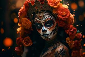 een Mexicaans vrouw met suiker schedel bedenken en bloemen foto