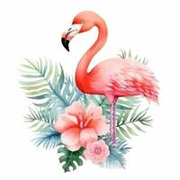 schattig waterverf flamingo met tropisch bloemen geïsoleerd foto