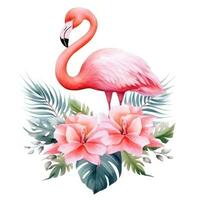 schattig waterverf flamingo met tropisch bloemen geïsoleerd foto