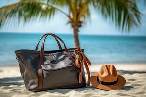 strand tas, zon hoed Aan de strand. aromatherapie. generatief ai technologie. foto