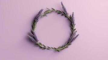 generatief ai, krans van lavendel takken bloemen met kopiëren ruimte, natuurlijk biologisch bloemen kader paars achtergrond foto