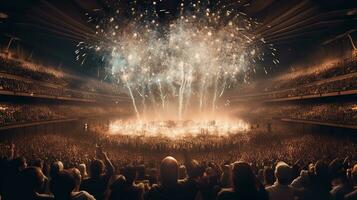 generatief ai, mensen menigte Aan muziek- rots festival concert in stadion, groot stadium lit door schijnwerpers. foto