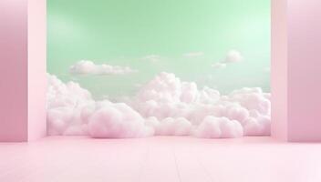 generatief ai, roze en groen fantastisch 3d wolken Aan de vloer, lucht en landschap. teder kleuren en met helder lichten. foto