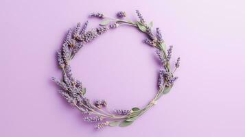 generatief ai, krans van lavendel takken bloemen met kopiëren ruimte, natuurlijk biologisch bloemen kader paars achtergrond foto