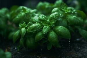 vers zoet basilicum bladeren met druppels van water. basilicum fabriek met groen bladeren Aan donker achtergrond. vers kruiden voor Koken, gebruikt in keukens wereldwijd. ocimum basilicum. Gezondheid aan het eten foto