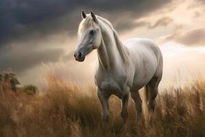 wit paard staand Aan een gras weide Aan zomer zonsondergang, gemaakt met generatief ai technologie foto