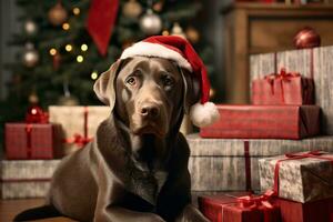 vrolijk bruin labrador locatie tegen Kerstmis achtergrond. de hond en veel Kerstmis geschenk dozen. generatief ai foto