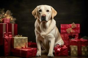 vrolijk labrador locatie tegen Kerstmis achtergrond. de hond met veel Kerstmis geschenk dozen. generatief ai foto