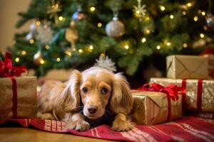 hond in de buurt Kerstmis boom Bij huis. vrolijk hond poseren tegen Kerstmis achtergrond. generatief ai. foto