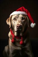 vrolijk bruin labrador in de kerstman hoed legt tegen zwart achtergrond. vrolijk Kerstmis en gelukkig nieuw jaar. generatief ai foto