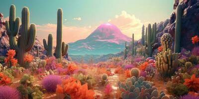 generatief ai, psychedelisch en surrealistische landschap met cactus in de woestijn. landschap van de wild west foto