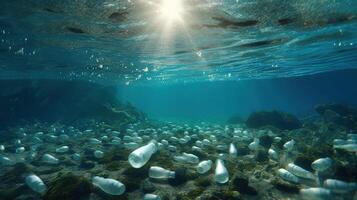 generatief ai, plastic vervoerder Tassen, flessen en andere vuilnis verontreiniging in oceaan. milieu concept foto