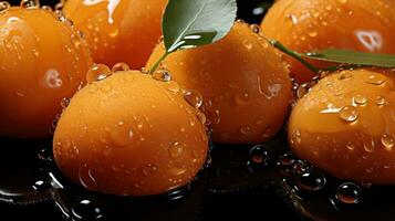 generatief ai, helder plak van sappig rijp abrikoos en water druppels, macro van zomer fruit foto