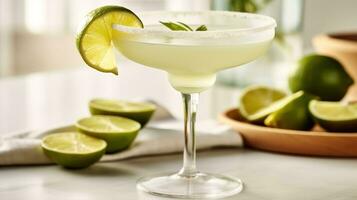 generatief ai, margarita cocktail Aan de tafel in de wit keuken met limoen. alcoholisch drinken foto