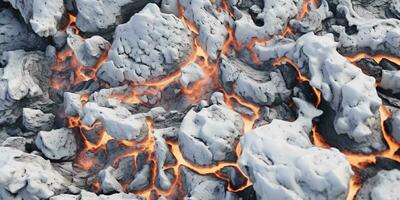 generatief ai, gedetailleerd detailopname heet wit en grijs lava stromen, magma structuur van vulkanisch achtergrond. foto