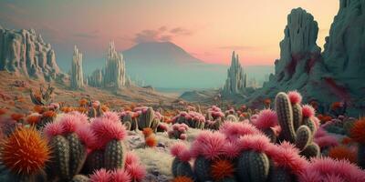 generatief ai, psychedelisch en surrealistische landschap met cactus in de woestijn. landschap van de wild west foto