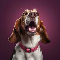 generatief ai, portret van een gelukkig hond op zoek Bij de camera met mond Open Aan roze achtergrond foto