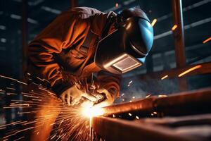 een Mens lasser in bruin uniform, lassen masker, lassen metaal bouw plaats. ai gegenereerd foto