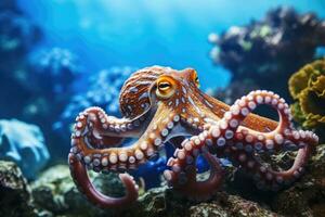 Octopus en koraal rif in de zee. generatief ai foto