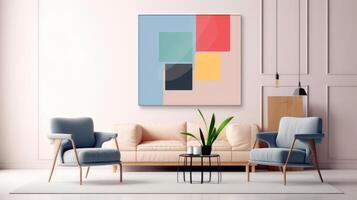 elegant leven kamer interieur ontwerp met bespotten omhoog poster kader, creatief huis accessoires. huis enscenering. kopiëren ruimte, generatief ai illustratie foto