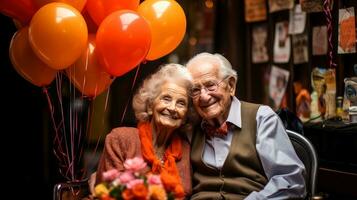 dromerig midden- oud senior liefhebbend gepensioneerd familie stel, genieten van vredig moment ontspannende samen, met wazig achtergrond, generatief ai illustratie foto