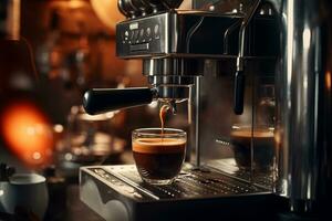 kop van koffie wezen gedraineerd door espresso brouwen machine, foto