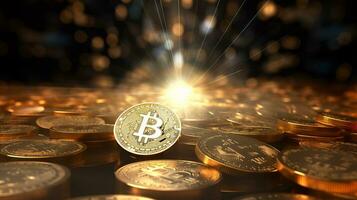 bitcoin munten Aan een achtergrond van gloeiend glimmend voorwerpen foto