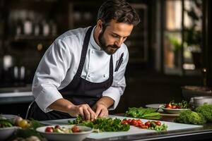 Frans chef voorbereidingen treffen een fijnproever maaltijd in een restaurant foto met leeg ruimte voor tekst