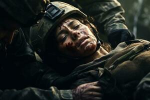 leger medisch behandelen een gewond soldaat foto met leeg ruimte voor tekst