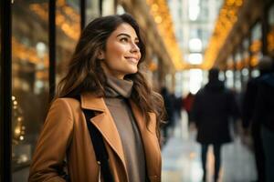 elegant Italiaans vrouw boodschappen doen in Milaan foto met leeg ruimte voor tekst