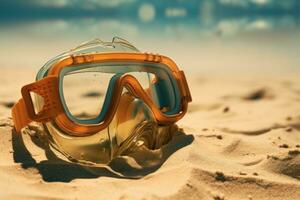 scuba duiken masker Aan een zanderig eiland tegen blauw oceaan foto