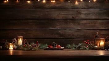 Kerstmis tafel achtergrond met Kerstmis lichten Aan tafelblad foto