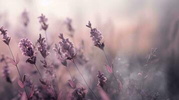 generatief ai, dichtbij omhoog groeit lavendel veld- met parfum rook, bloeiend lavandula, roze Purper bloemen en gras. foto
