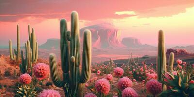 generatief ai, psychedelisch en surrealistische landschap met cactus in de woestijn. landschap van de wild west foto