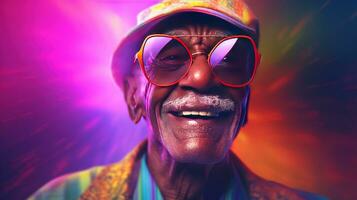 generatief ai, Afrikaanse Amerikaans grappig gelukkig oud pensioen Mens detailopname portret, vervelend bril en modern modieus kleren foto