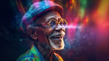 generatief ai, Afrikaanse Amerikaans grappig gelukkig oud pensioen Mens detailopname portret, vervelend bril en modern modieus kleren foto