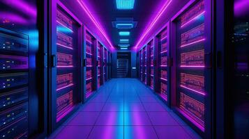 generatief ai, gegevens centrum, modern hoog technologie server kamer in Purper neon kleuren. modern telecommunicatie, wolk computergebruik, kunstmatig intelligentie, databank. foto