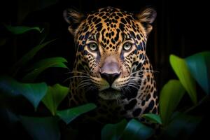 hoofd van een jaguar tussen de bladeren in de oerwoud, panthera onca. generatief ai foto