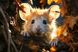 muis looks uit van een gat, een knaagdier in een veld. generatief ai foto